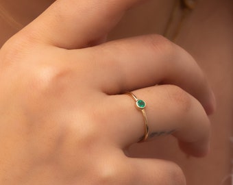 Emerald Solitaire Ring in 14k 18K Solid Gold, Bezel Set Round Emerald Engagement Gold Ring, Stacking Natural Emerald Ring Gift for Her