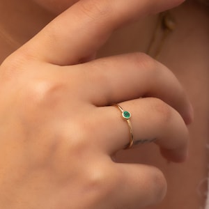 Emerald Solitaire Ring in 14k 18K Solid Gold, Bezel Set Round Emerald Engagement Gold Ring, Stacking Natural Emerald Ring Gift for Her image 1