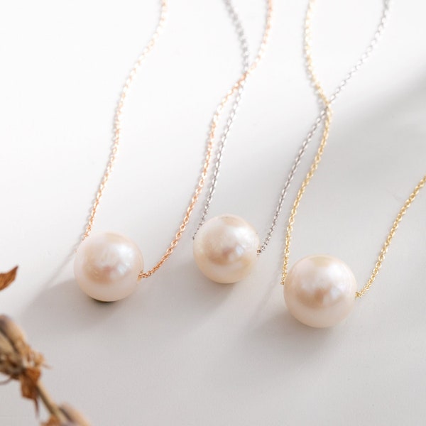 Single pearl 10k 14k 18k gold chain necklace, 8.0-8.50 mm Simple Freshwater Pearl Gold Necklace, Floating Pearl Necklace is June Birthstone.