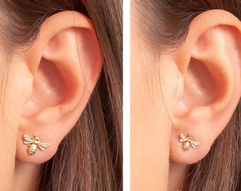 14k Solid Gold Bee Studs Earrings, White or Rose or Yellow Gold Bee Earrings, Bumble Bee Stud Gold Earrings, Honey Bee Earrings Gift For Her