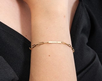 Personalized Multiple Engraved Date Name Bracelet in 14K Solid Gold, Dainty Paperclip Chain Custom Monogram Bracelet Mom Unique Gift For Her