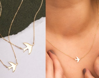 14k Solid Gold Swallow Necklace, Dainty Gold Flying Bird Necklace is a Great Gift For Her. Gift For Valantine' Love