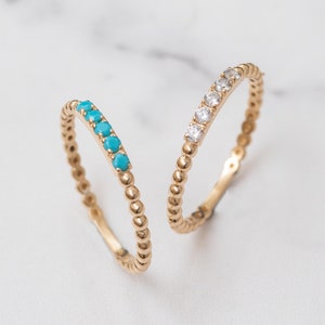 14K Solid Gold Diamond Wedding Band Ring, 18K Gold 5 Stone White Diamonds Turqouise or CZ Wedding Band, Turquoise Thin Stacking Ring
