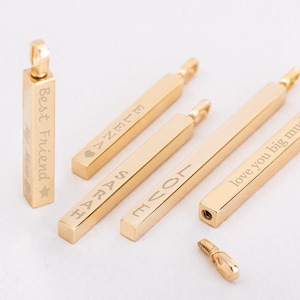 14K 18K Solid Gold Vertical Urn Bar Pendant, Four Side Custom Name Engrave Cube Pendant, Date Coordinate Cremation Ash Secret Stash Pendant