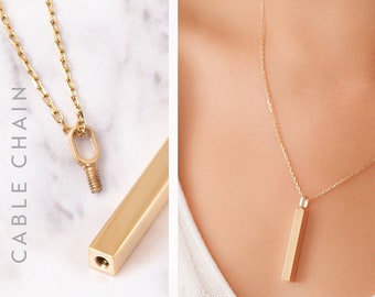 14K Gold Urn Vertical 3cm Bar Necklace, 4 Side Custom Engrave Memorial Gold Bar Necklace, Personalize Name Date Numeral Cable Chain Necklace