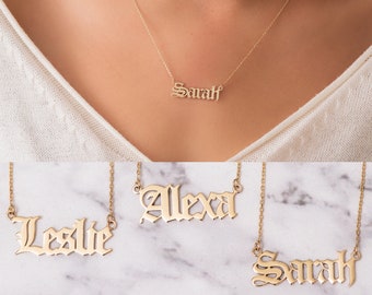 14K Solid Old English Name Halskette, personalisierte Solid Gold Gothic Name Halskette, 14k Real Gold Old English Font Name Halskette
