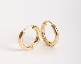 14K Yellow Gold Hinged Hoops Earrings - 2.5mm Round Plain Gold Huggies, 10mm Inner Diameter Clicker Round Hoops, Ideal Gift for Her or Him