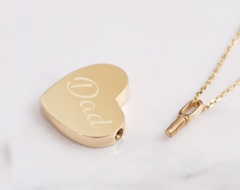 14K 18K Solid Gold Mom & Dad Heart Urn Necklace, Personalized Ash Cremation Heart Necklace, Custom Engrave Name Date Urn Gold Heart Necklace