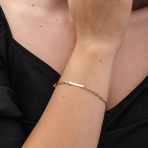 Dainty Paperclip Chain Bar Bracelet, 14K Real Gold Personalized Multiple Name Tag Bracelet, Custom Mini Bar, Friendship Bracelet, Link Chain
