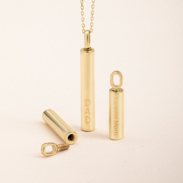 14k 18k Gold Cremation Urn Cylinder Bar Necklace, Memorial Bar Urn Custom Pendant, Cremation Ashes Necklace for Son Dad Mom or Loved ones.