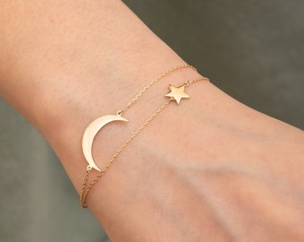 14k Gold Crescent Moon and Star Bracelet, Double Row Chain Moon and Star Bracelet, Dainty Moon & Star Gold Bracelet is a Great Gift For Her.