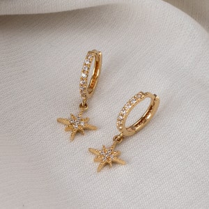 14K 18K Solid Gold Hoop North Star Earrings, Dainty Pole Star Earrings, Cute Northern Star Earrings, Northern Style Jewelry, Gift For Her