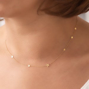 14k 18k Solid Gold 8 Mini Star Necklace, Random Spaced Dainty Star Necklace, Star Station Yellow White or Rose Gold Necklace is Gift For Her