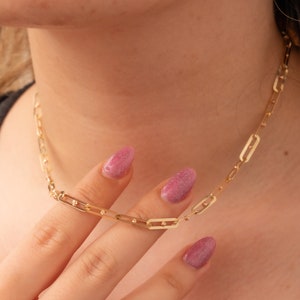 14K Gold Paperclip Chain Necklace w/ Ball Accents, Elegant Statement Jewelry, Choker or Long Perfect for Anniversary, Wedding, Birthday Gift