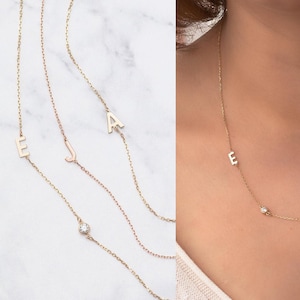 18k Solid Gold Diamant Damen seitlich Zierliche Charme Anfangsbuchstaben Halskette, Benutzerdefinierte Buchstabe Diamant Lünette Halskette, Anfangshalskette Geschenk für