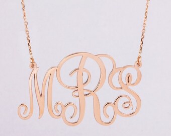 Personalized Elegant Monogram Necklace 14K 18K Solid Gold, Monogram Custom 3 Letter Necklace, Family Initials Monogram Necklace Gift for Her