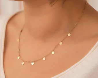 14K Solid Gold Dainty Multi Disk Necklace, Custom Number Coin