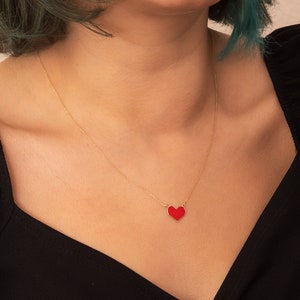 14K 18K Solid Gold Enamel Heart Necklace, Dainty Enamel Gold Heart Necklace, Minimalist Heart Charm Necklace is a Birthday Gift for Her