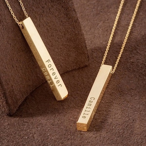 14K 18k Real Gold Personalized Vertical 3 cm Bar Necklace, 4 Side Custom Name Engrave Necklace, 3D Bar Family Necklace, Personalize Gift for