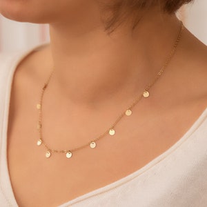 14K Solid Gold Dainty Multi Disk Necklace, Custom Number Coin Minimal Necklace, Multiple Disc Charm Choker Necklace, Boho Gold Coin Choker
