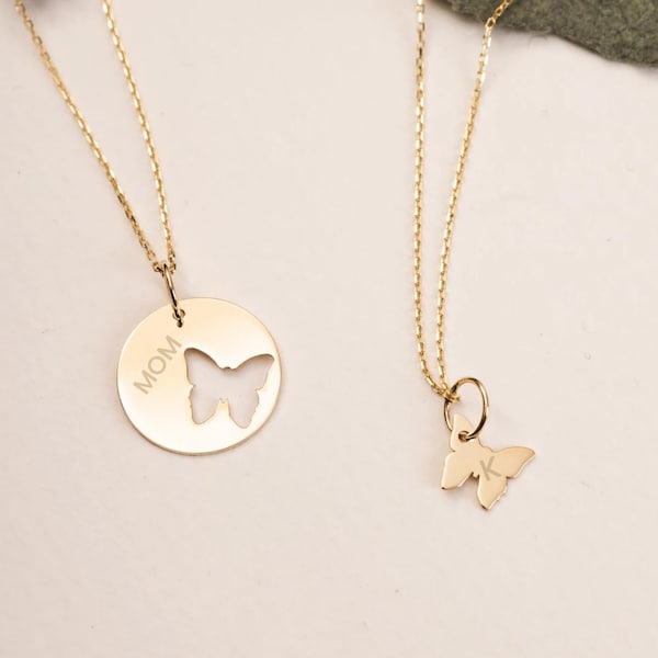 14k Solid Gold Mother Daughter Butterfly Necklace Set, Personalized Butterfly Pendant Necklace, Custom Engrave Layered Necklace Gift for Her