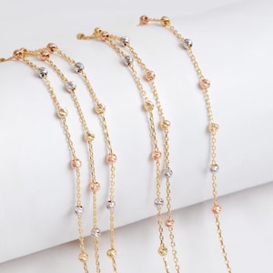 14k Massivgold mehrsträngige Armband mit dreifarbigen Satellitenperlenkugeln, 1 bis 3 Reihen Optionen, zierliches geschichtetes Armband, perfektes Geschenk für Sie