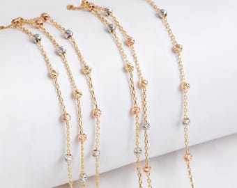 14k Solid Gold Multi-Strand Bracelet with Tri-Color Satellite Bead Balls, 1 to 3 Row Options, Dainty Layered Bracelet, Perfect Gift for Her