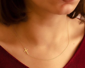 14K or 18K Solid Gold Handmade Sideways Cross Necklace, Celebrity Cross Necklace Dainty Cross Necklace Mothers day gift