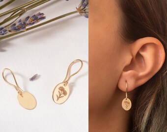 14K 18K Solid Gold Dainty Birth Flower Earrings, Engrave Custom Floral Dangling Disc Earring, Personalized Birth Flower Earring Gift For Her