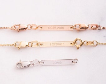 Pingente personalizado em ouro maciço 14k ou 18k, em formato de barra, para colar ou pulseira, com extensor de 3,8 cm (1,5 polegadas). Pingente ou cruz gravados, removível. Ideal para presente.