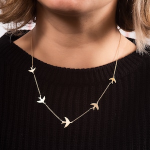 14K 18K Solid Gold 3 or 5 Swallows Necklace, Dainty Gold 3 5 Flying Sparrow Birds Charm Elegant Dainty Necklace is a Great Gift For, For Mom