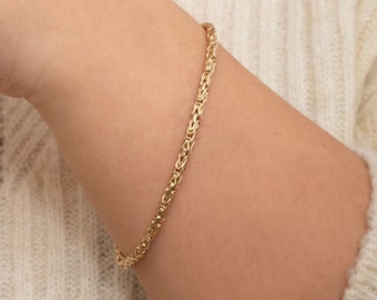 Pulsera bizantina de oro real de 14 k, 2,40/2,80 mm de espesor Rey pulsera de cadena de eslabones bizantinos Regalo de joyería de cadena de regalo para hombres para ella / él