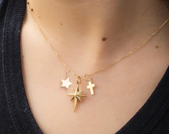 14K 18K Solid Gold North Star Cremation Urn Pendant Necklace, Custom Engraved Starburst Memorial Necklace for Human or Pet Ashes, Ash Holder