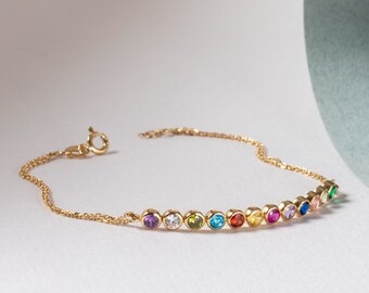 Pulsera de piedra de nacimiento familiar de oro macizo de 14K, pulsera de oro de piedra de nacimiento para mamá, pulsera personalizada de múltiples piedras de nacimiento regalo del Día de las Madres para ella