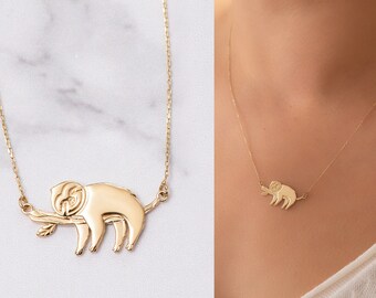 14k Gold Sloth Necklace, Solid Gold Lazy Sloth Necklace, Cute Smiley Dangling Baby Sloth Necklace, Elegant Sloth Necklace is a Gift For Her