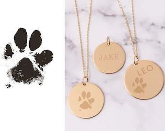 14K Solid Actual Dog Cat Paw Nose Print Necklace, Personalized Dainty Disc Pendant Necklace, Engravable Custom Pet Paw Print Necklace Gift