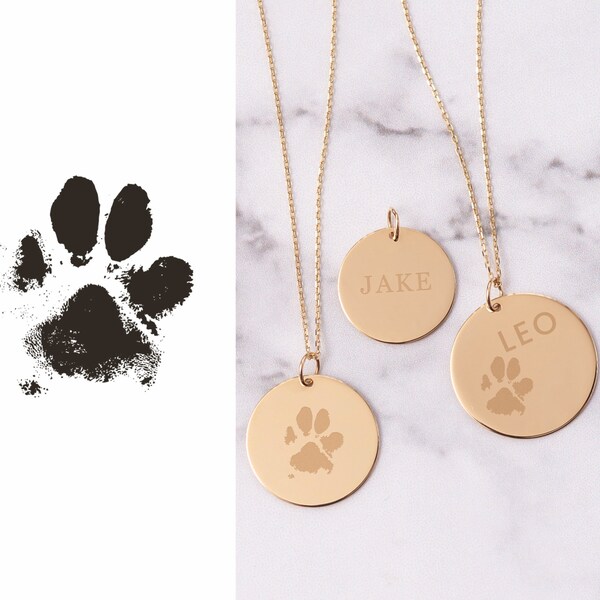 14K Solid Actual Dog Cat Paw Nose Print Necklace, Personalized Dainty Disc Pendant Necklace, Engravable Custom Pet Paw Print Necklace Gift