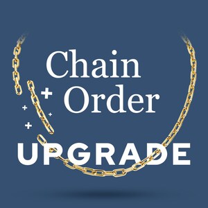 Może przedstawiać: Złoty łańcuch jest rozbity na dwie części, z tekstem "Chain + Order UPGRADE" w białych literach na niebieskim tle.
