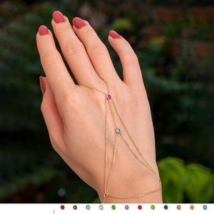Hand Bracelet 14K 18K Solid Gold, Cz Birthstone Hand Chain Bracelet, Personalized Birthstone Gold Ring Bracelet is a Great Gif For Her