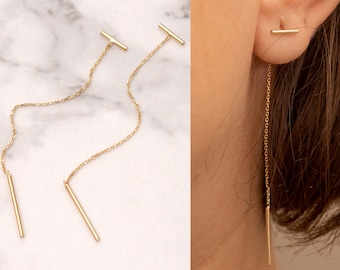 14k 18k Solid Gold Threader Bar Swing Earrings, Dainty Gold Dangling Earring is a Great Gift For Her. Gold Drop Chain Earrings
