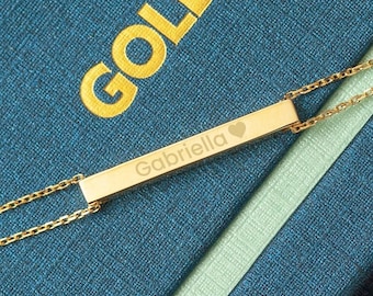 Personalized 3D Bar Bracelet, 14k Real Gold Horizontal Bar Bracelet, Custom Engraved Name Date Bar Bracelet