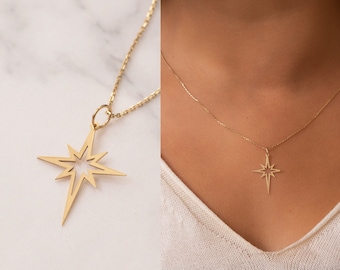 14k Solid Gold Northern Star Necklace, North Star Pendant, Dainty Pole Star Charm Necklace is a Gift For Her, Anniversary Gift For Christmas