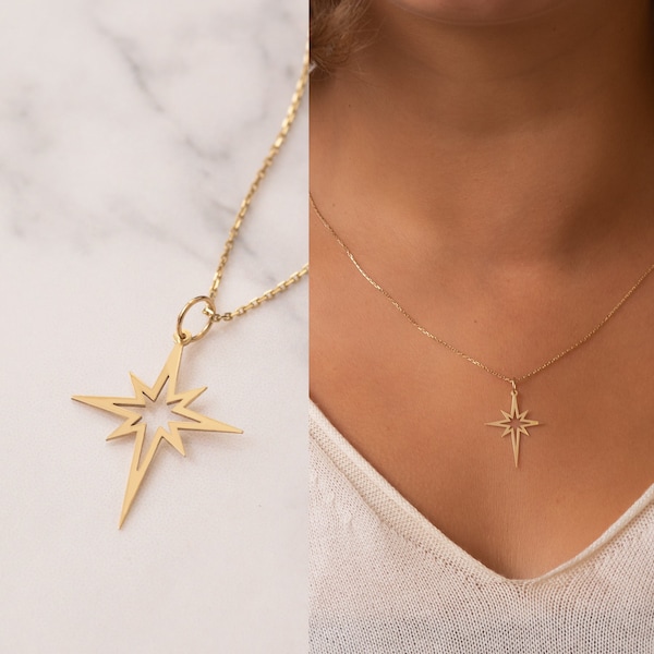 14k Solid Gold Northern Star Necklace, North Star Pendant, Dainty Pole Star Charm Necklace is a Gift For Her, Anniversary Gift For Christmas