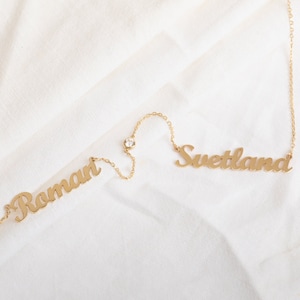 14k Solid Gold Custom Name Necklace, Dainty Custom 2 Names & Birthstone Gold Necklace, Personalized Gold Nameplate is a Great Gift for her