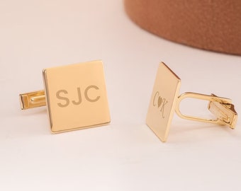 SQUARE Personalized Engraved Initial Cufflinks 14K 18K Real Gold, Custom Initial Date Coordinate Round Oval Cufflinks, Gift for Husband Him