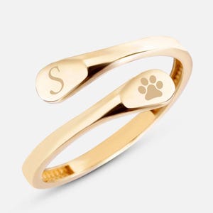 Dog Cat Paw Print Wrap Ring 14K 18K Solid Gold, Pet Personalized By Pass Custom Paw Ring, Name Initial Engraved Adjustable Wrap Ring for Her