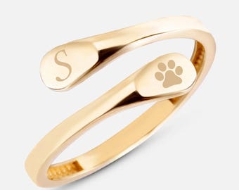 14K 18K Solid Gold Pfotenabdruck-Wickelring, personalisierter gravierter Initial-Bypass-Umgehungsring, einstellbarer Ring
