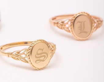 Old English Initial Signet Ring, 10K/14K/18K Solid Gold, Gothic