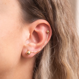 14k Solid Gold Convertible Single Earring Chain, Threader Convertible Ear Jacket Gold, Earring Ball Beaded Cable or Box Link Chain Connector