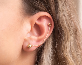 14k Solid Gold Convertible Single Earring Chain, Threader Convertible Ear Jacket Gold, Earring Ball Beaded Cable or Box Link Chain Connector